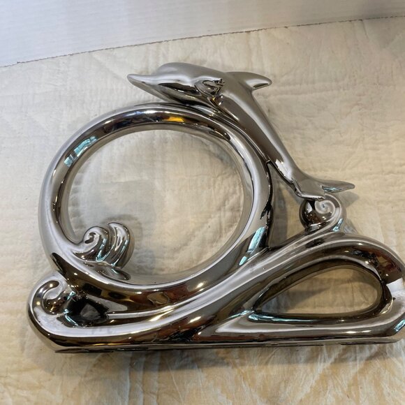 Large Vintage Herco Dolphin Figurine On Wave Decorative Sculpture Chrome Modern - Picture 9 of 12